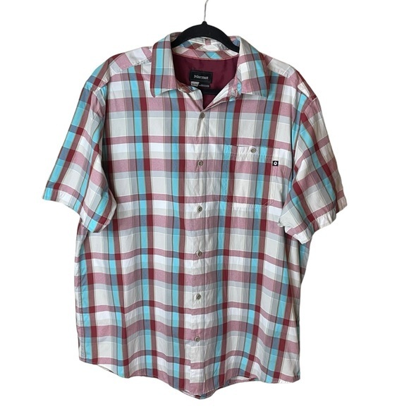 Marmot Other - Marmot Short Sleeve Button Up Plaid Red Turquoise‎ Teal White Men’s XL